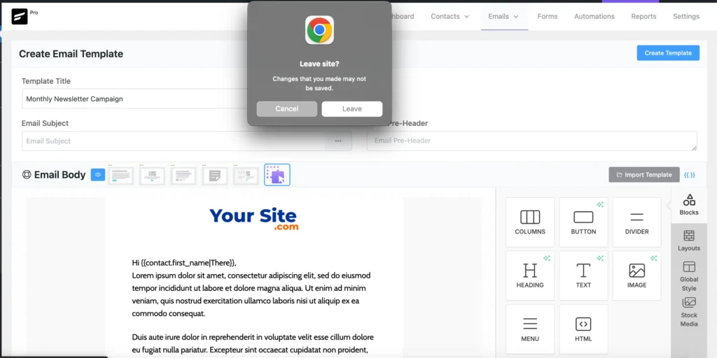 unsaved changes warning in email template editor 